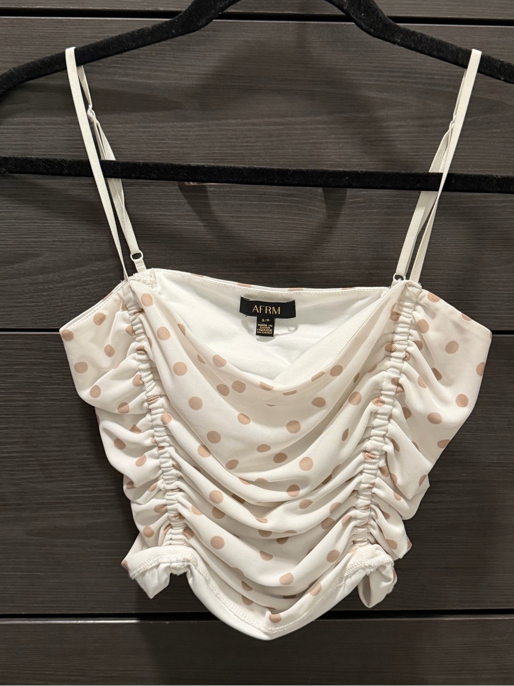 AFRM White and Tan Polka Dot Ruched Cowl Crop Camisole